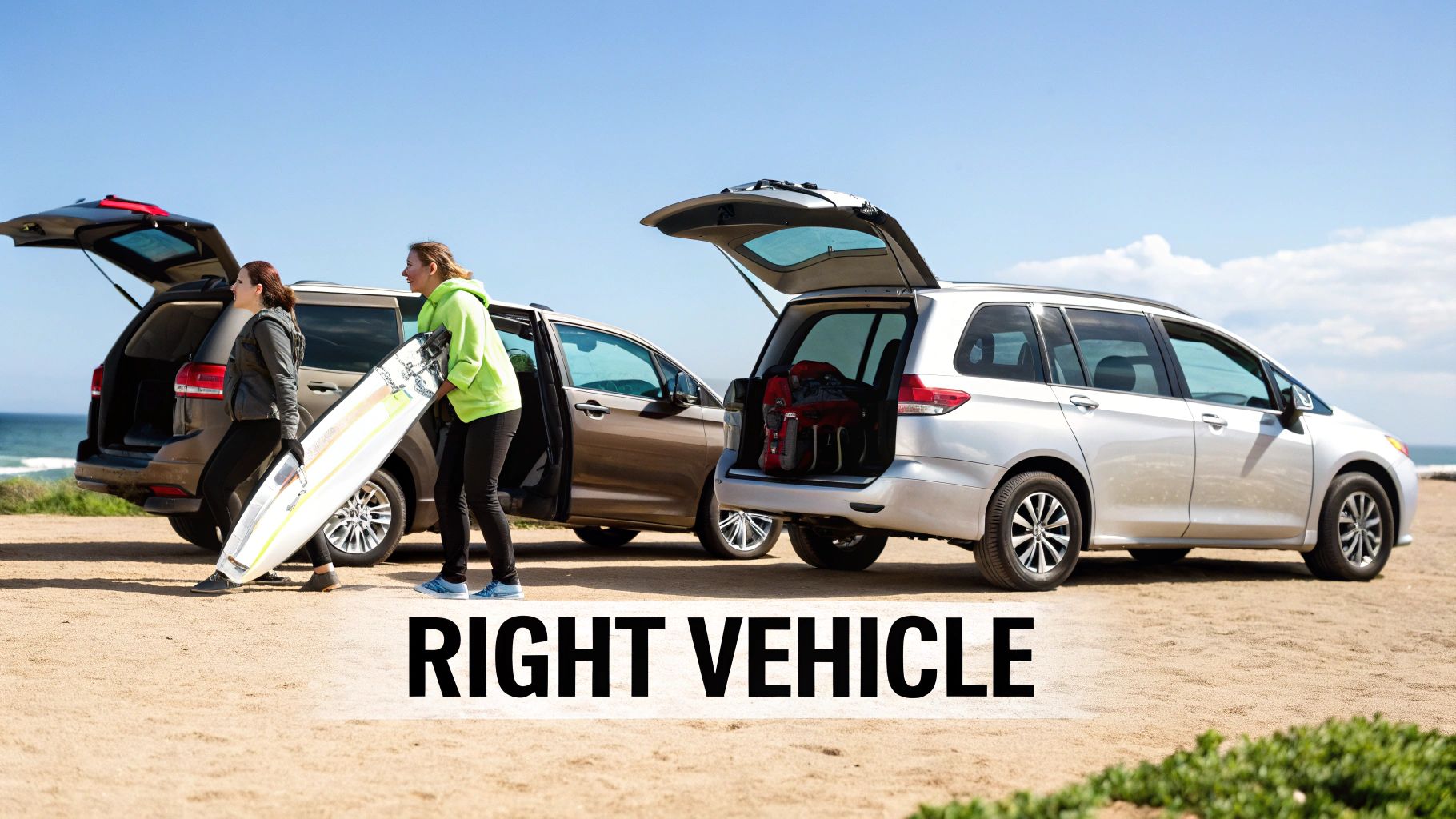 Two women with a surfboard next to open SUVs on a beach, ready for a surf trip.