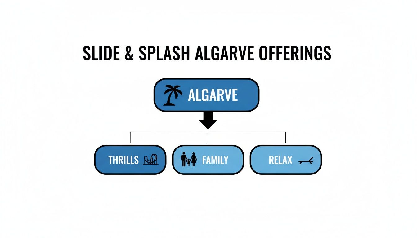 Flowchart showing Slide & Splash Algarve offerings with categories: Thrills, Family, and Relax.