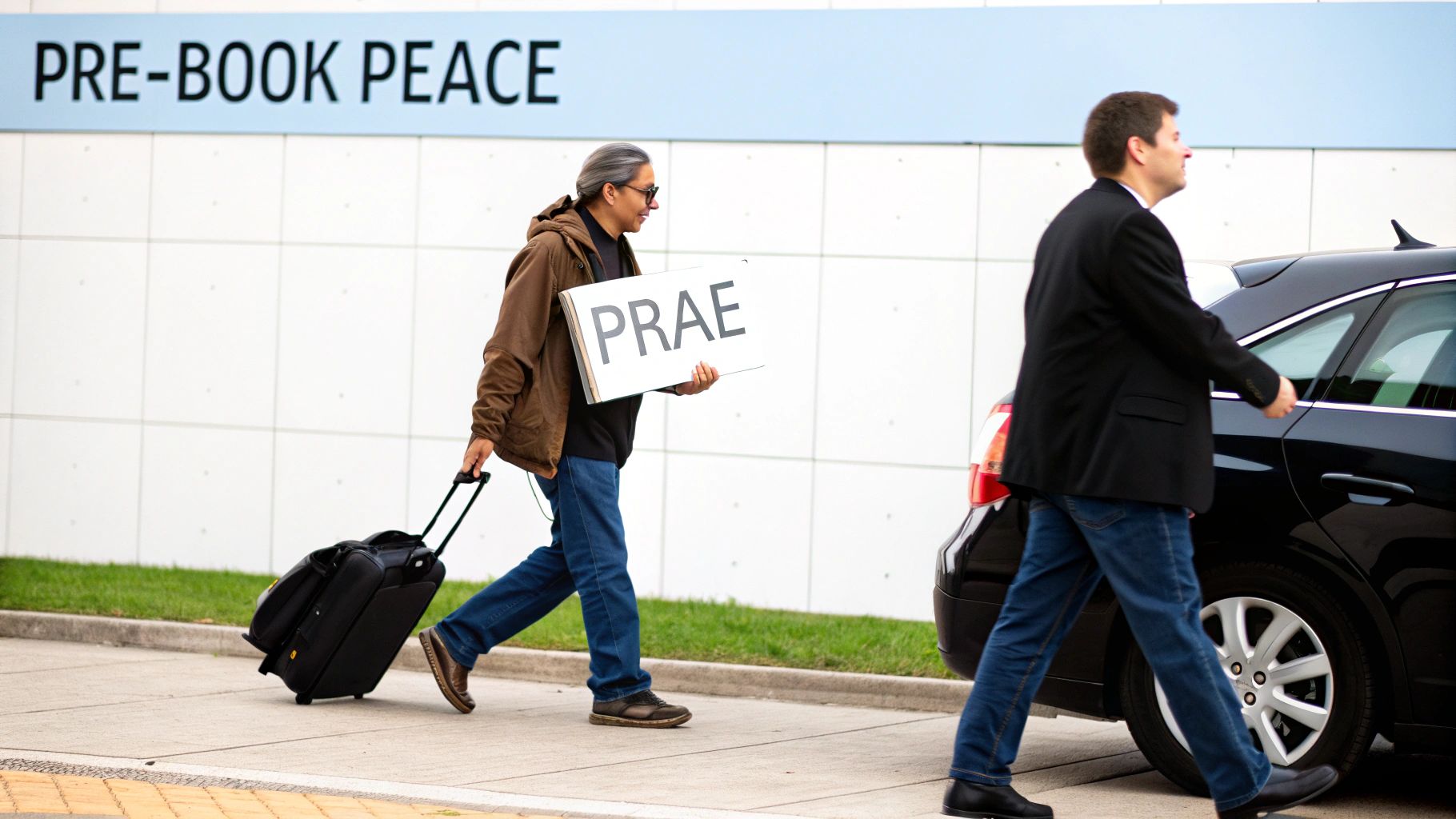 Two men, one holding a 'PRAE' sign with a suitcase, walk near a black car at an airport.