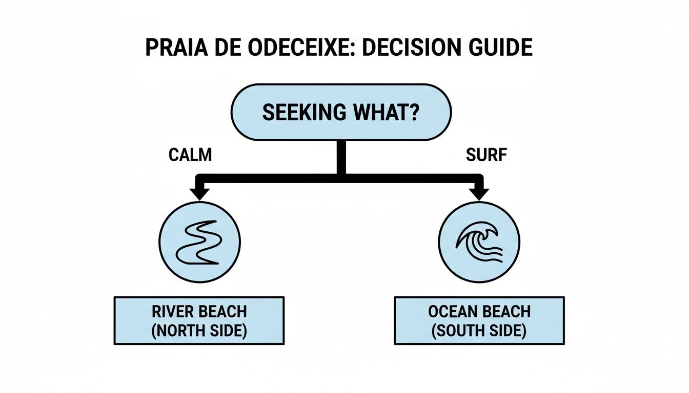 A decision guide for Praia de Odeceixe, illustrating choices for calm river beach or surf ocean beach.