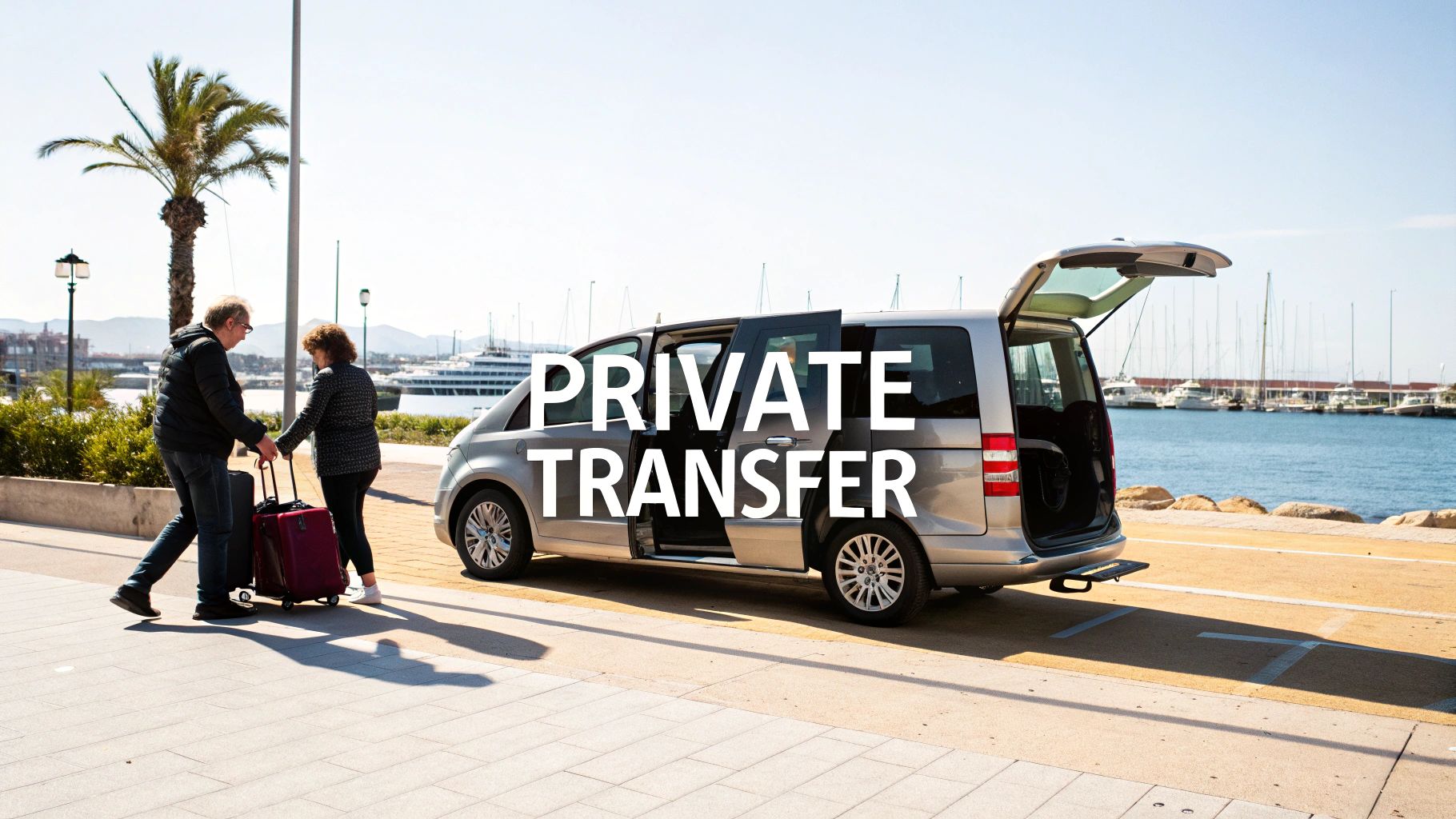 A couple with luggage next to a private transfer van by a sunny marina.