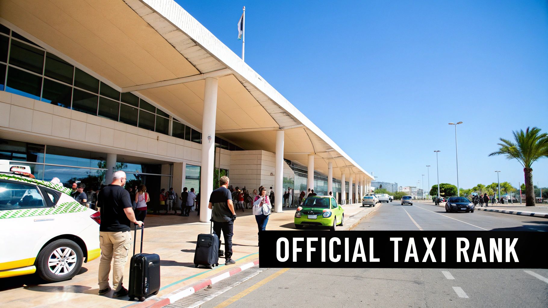Travelers with luggage waiting at an official taxi rank outside a modern airport terminal on a sunny day.