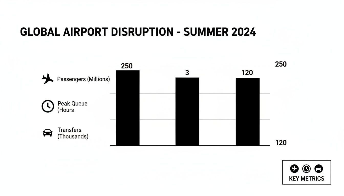 Bar chart illustrating global airport disruption in Summer 2024, showing passengers, peak queue, and transfers.
