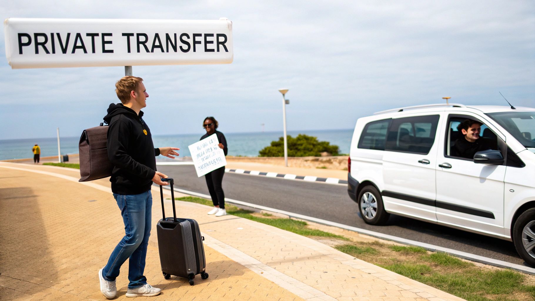 A man with luggage approaches a private transfer van, greeted by a person holding a sign.