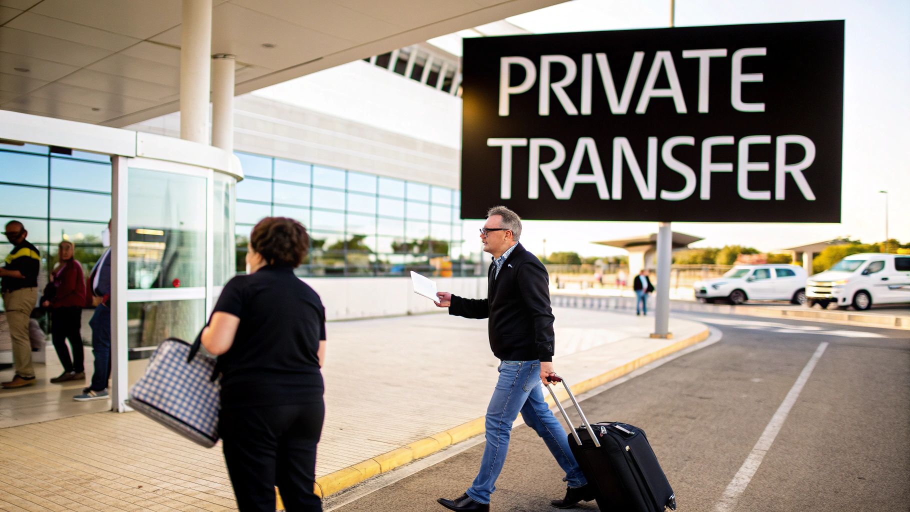 A man with a suitcase walks past a 'PRIVATE TRANSFER' sign outside an airport terminal.