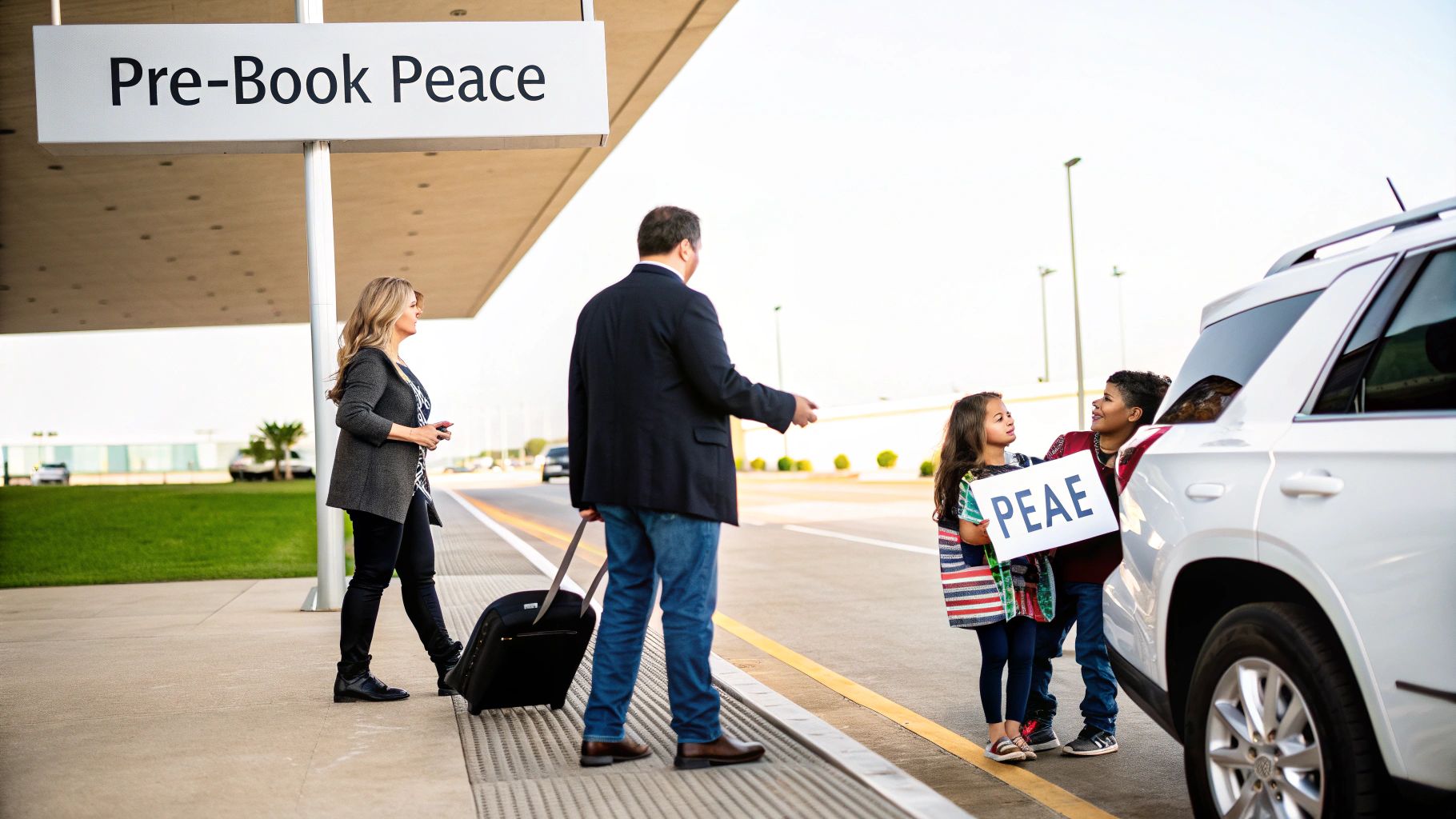 A family with luggage and a pre-booked sign waits by a white SUV at an airport.