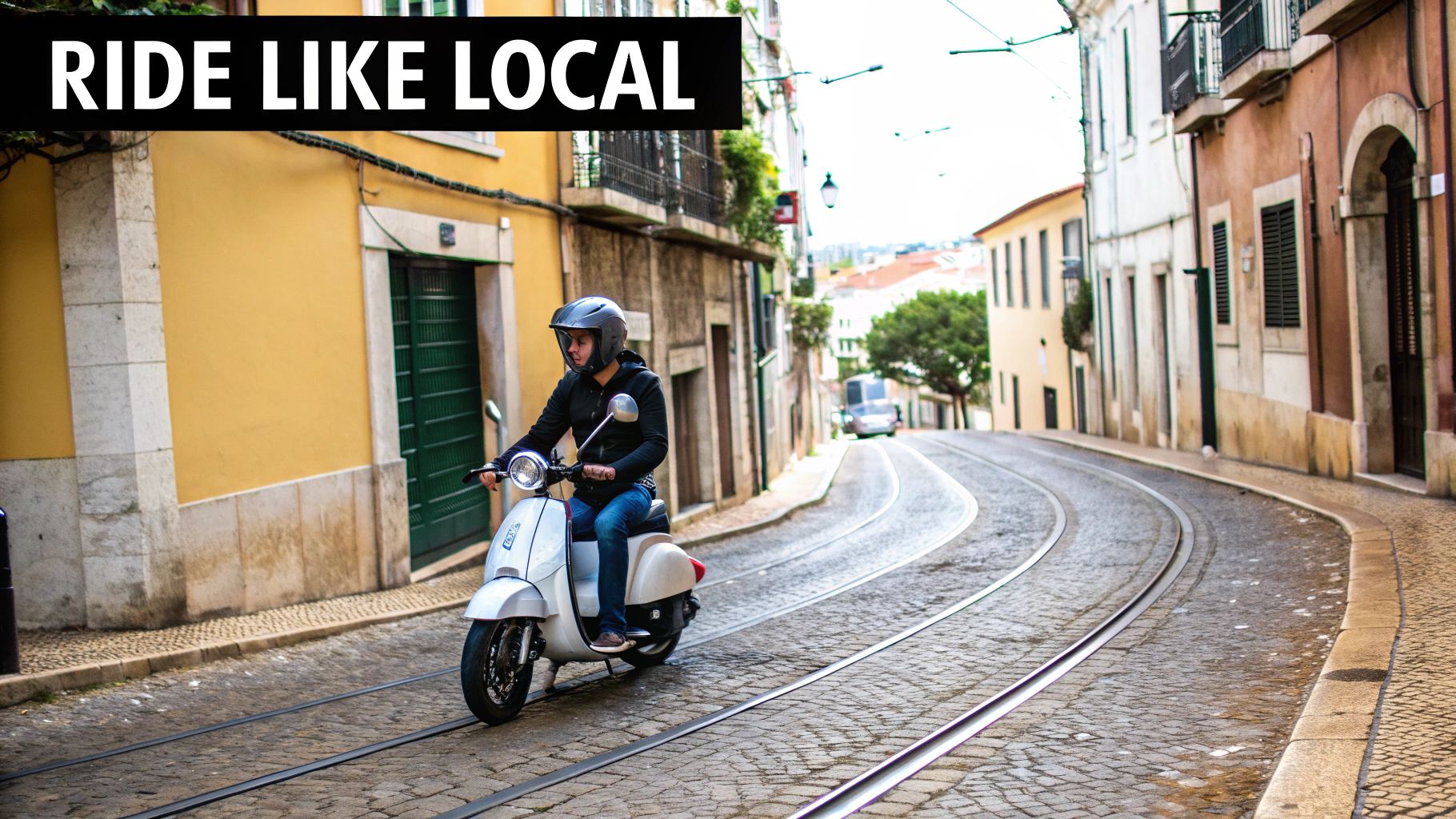 A person in a helmet rides a white scooter on a curving cobblestone street with tram tracks in a historic city.