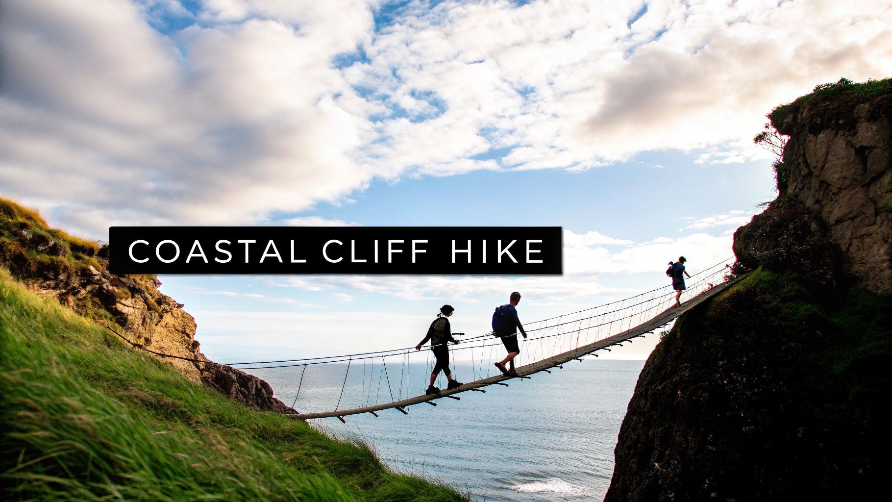 Hikers crossing rope bridge between coastal cliffs over turquoise ocean water on sunny day