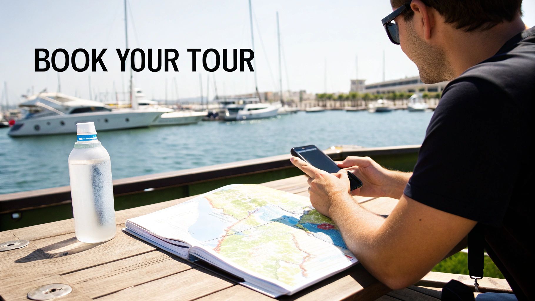 Man looking at a smartphone and map on a wooden table overlooking a marina with yachts.