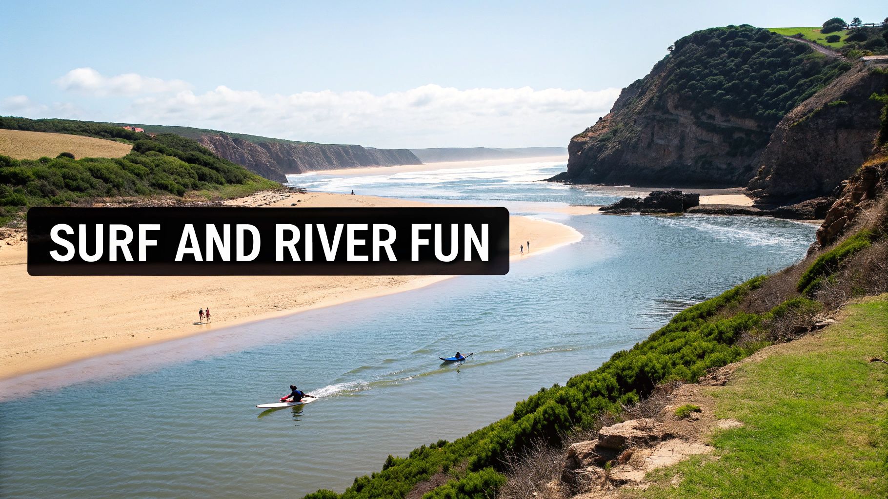 A stunning aerial view of a river flowing into the ocean at a sandy beach, with paddleboarders and cliffs.