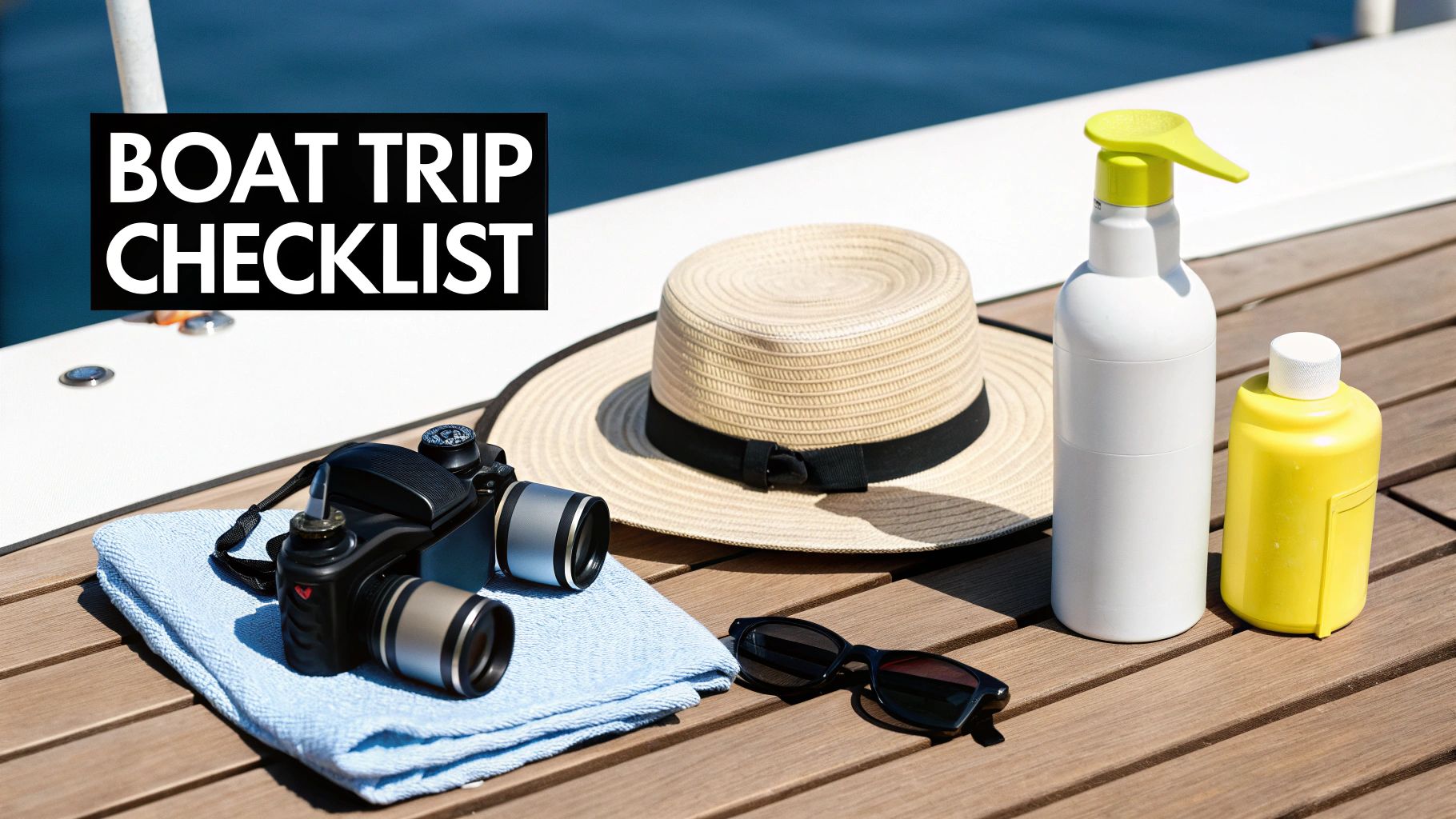Items for a boat trip on a wooden deck, including a camera, hat, sunglasses, and sunscreen.