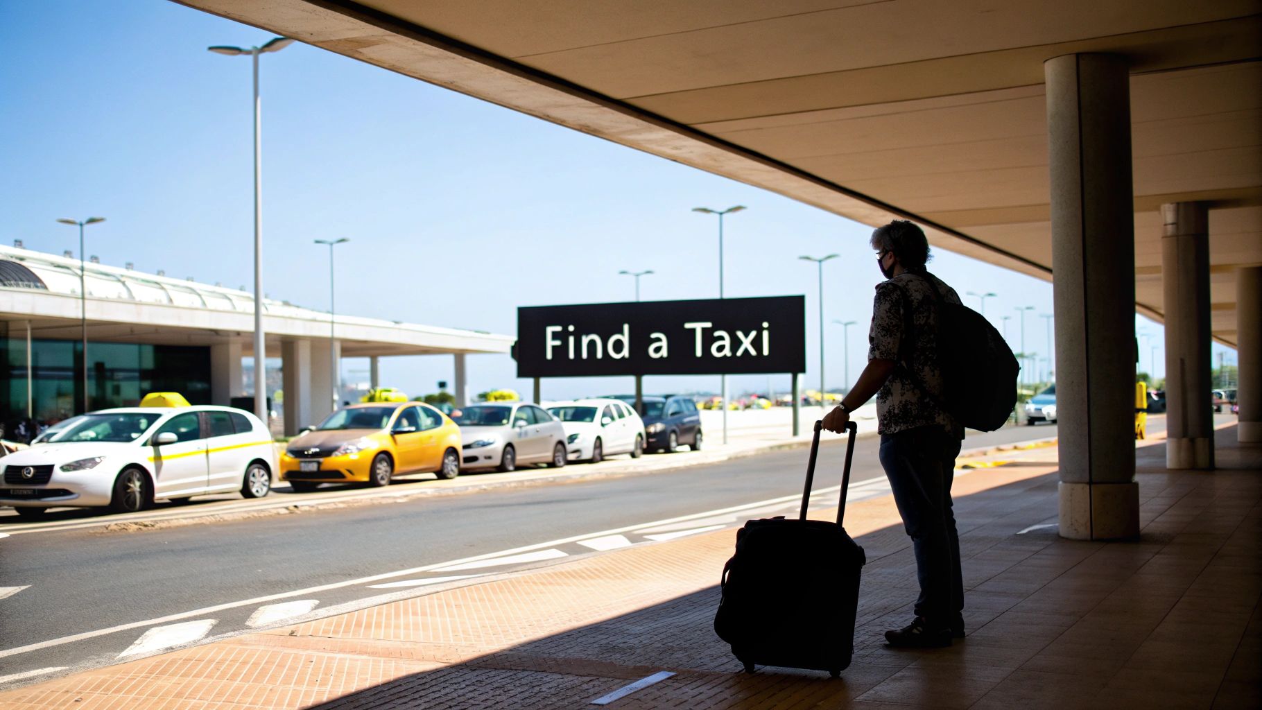 A person with luggage waiting at an airport terminal with a 'Find a Taxi' sign visible.