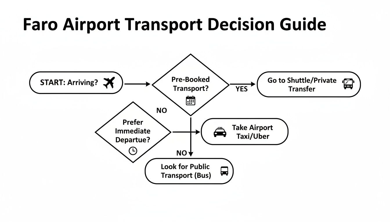 Flowchart illustrating Faro Airport transport options: pre-booked, taxi/Uber, or public bus.