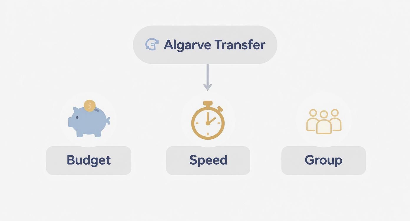 A diagram illustrating Algarve Transfer services, focusing on budget, speed, and group travel options.