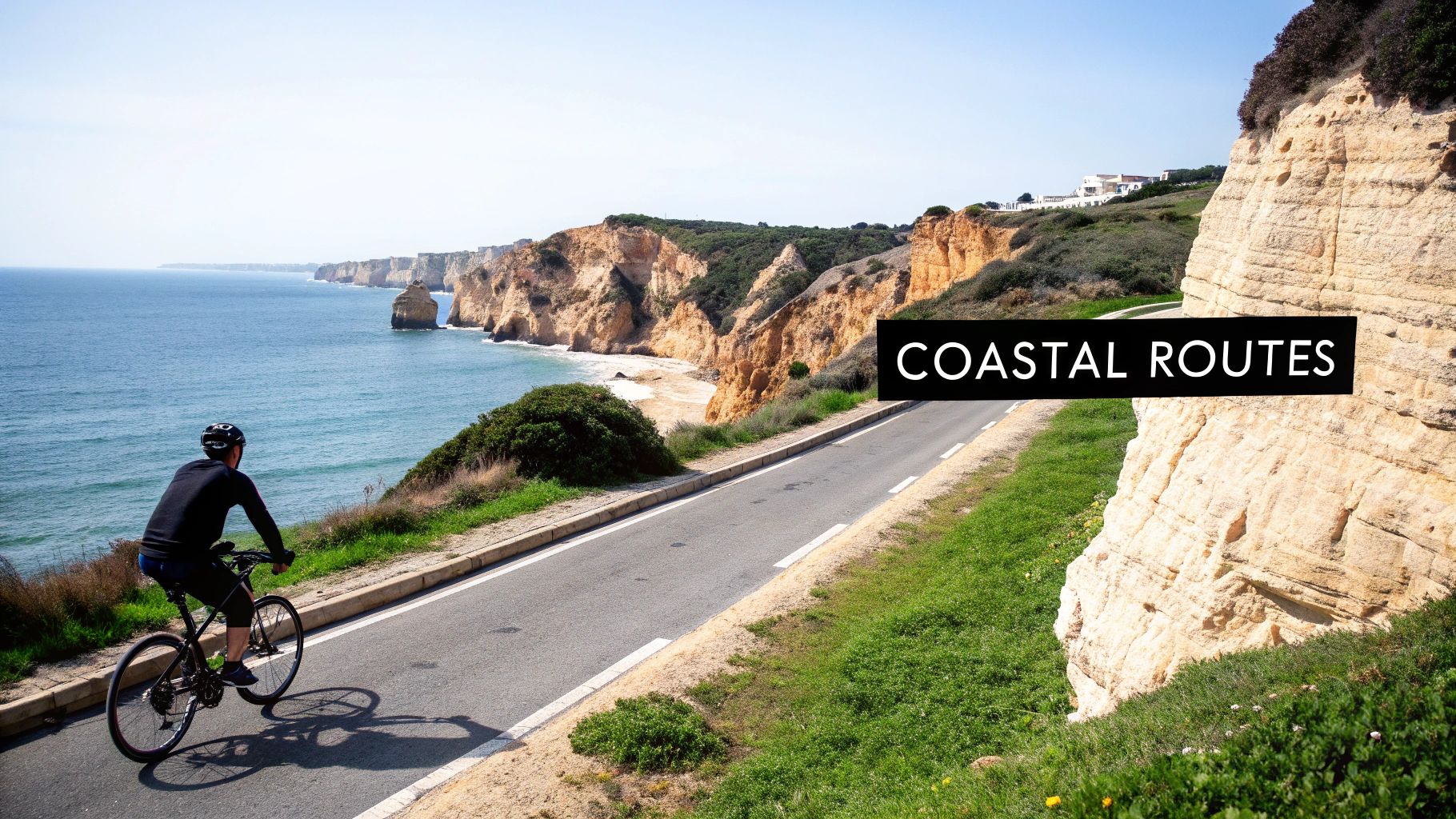A cyclist rides on a scenic coastal road overlooking the blue ocean and dramatic cliffs.