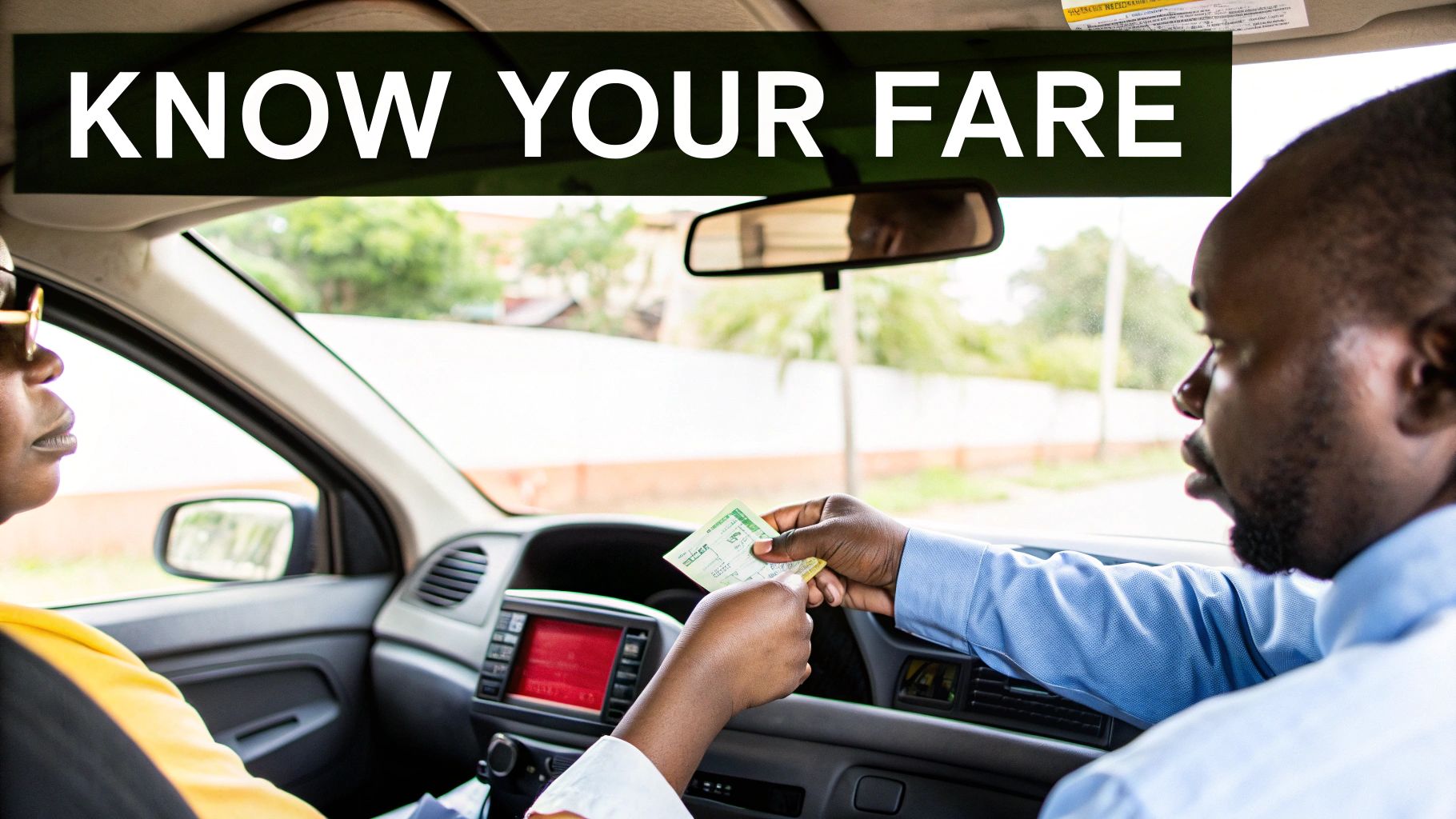 A driver hands money to a passenger inside a car, beneath a 'KNOW YOUR FARE' banner.