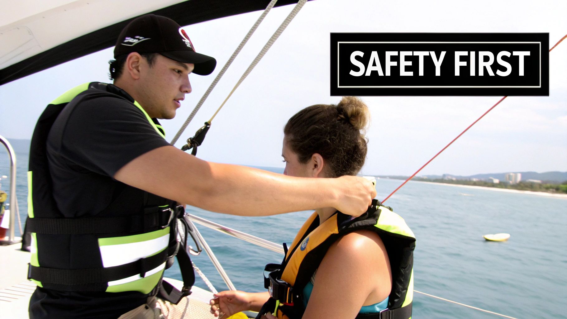 A man helps a woman put on a life jacket on a boat, emphasizing safety.
