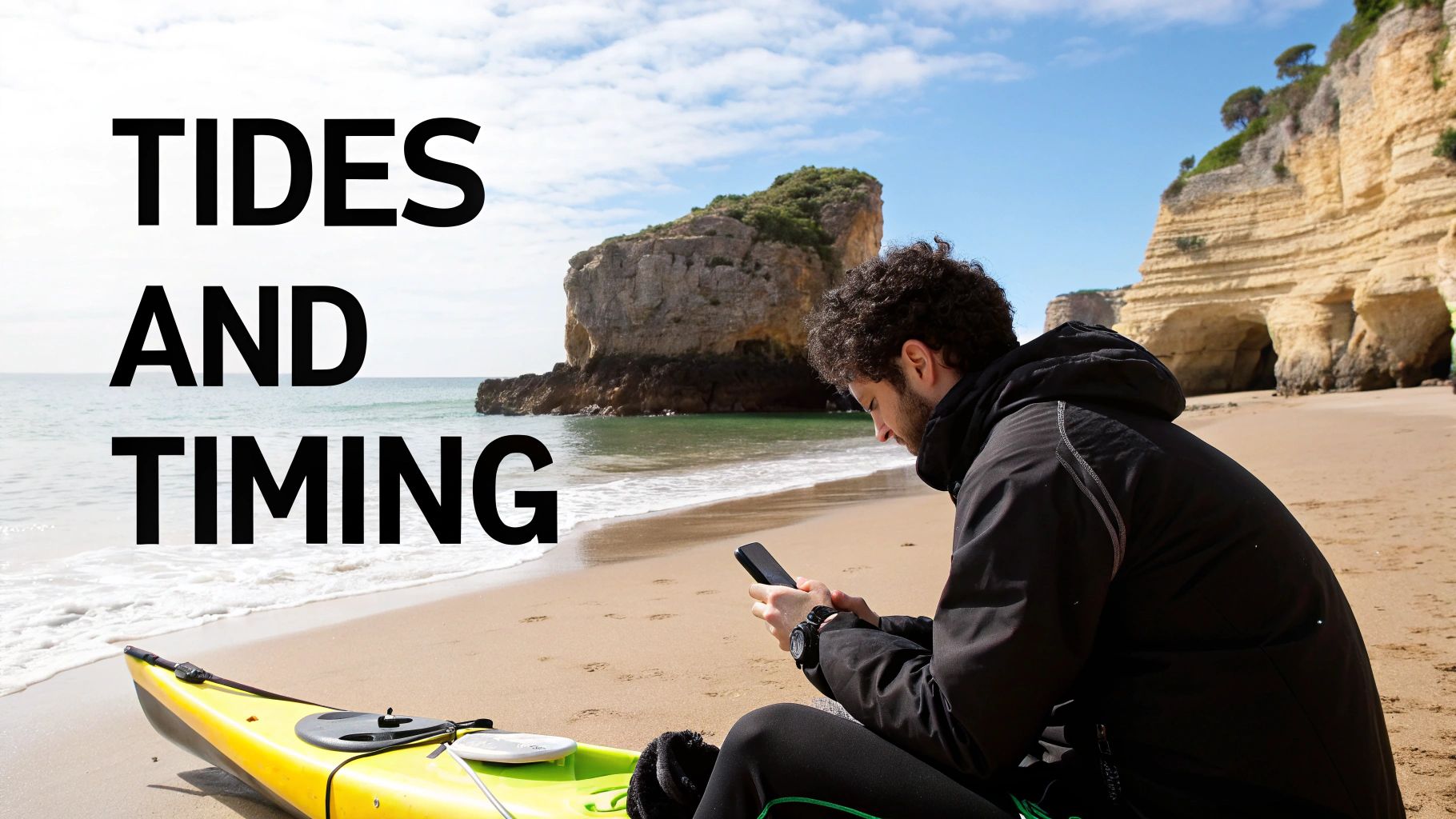 A person checks their phone on a sandy beach next to a yellow kayak, with cliffs and ocean in the background.