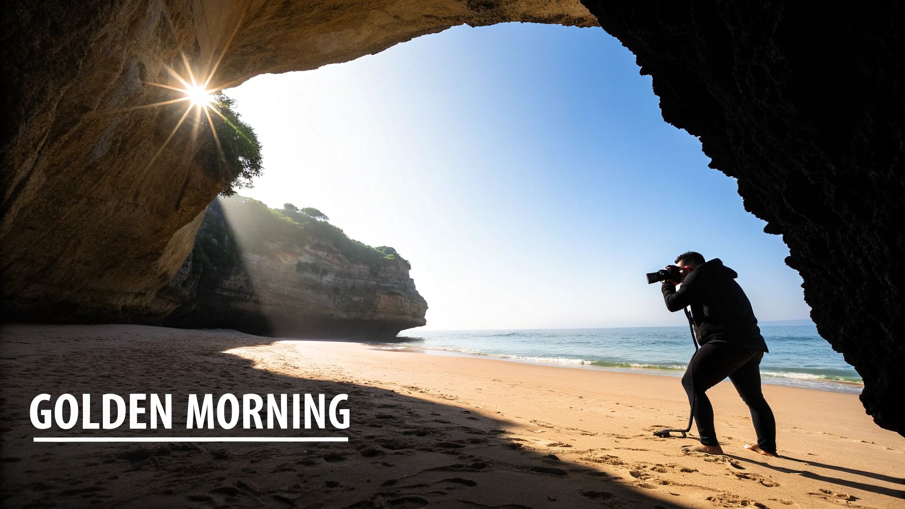 A man photographs a sunburst over a golden beach and sea from inside a dark cave.