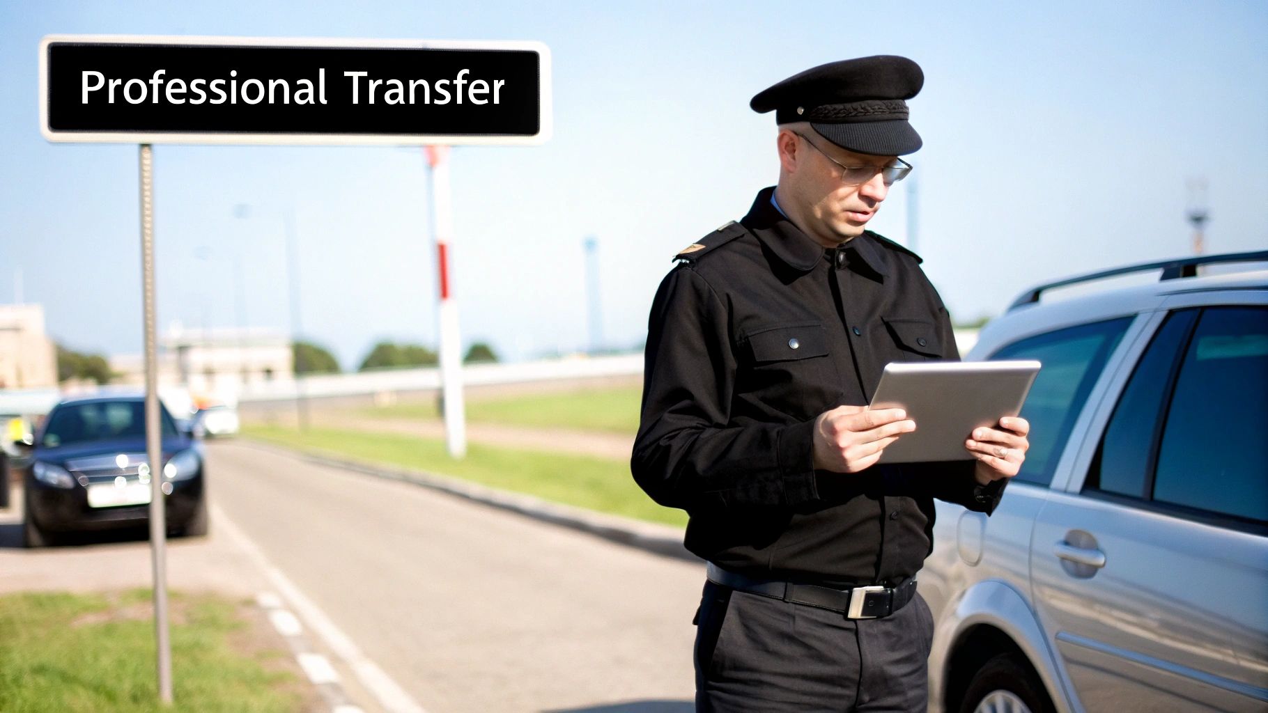 A uniformed man in a cap and glasses holding a tablet next to a silver car, with a 'Professional Transfer' sign.