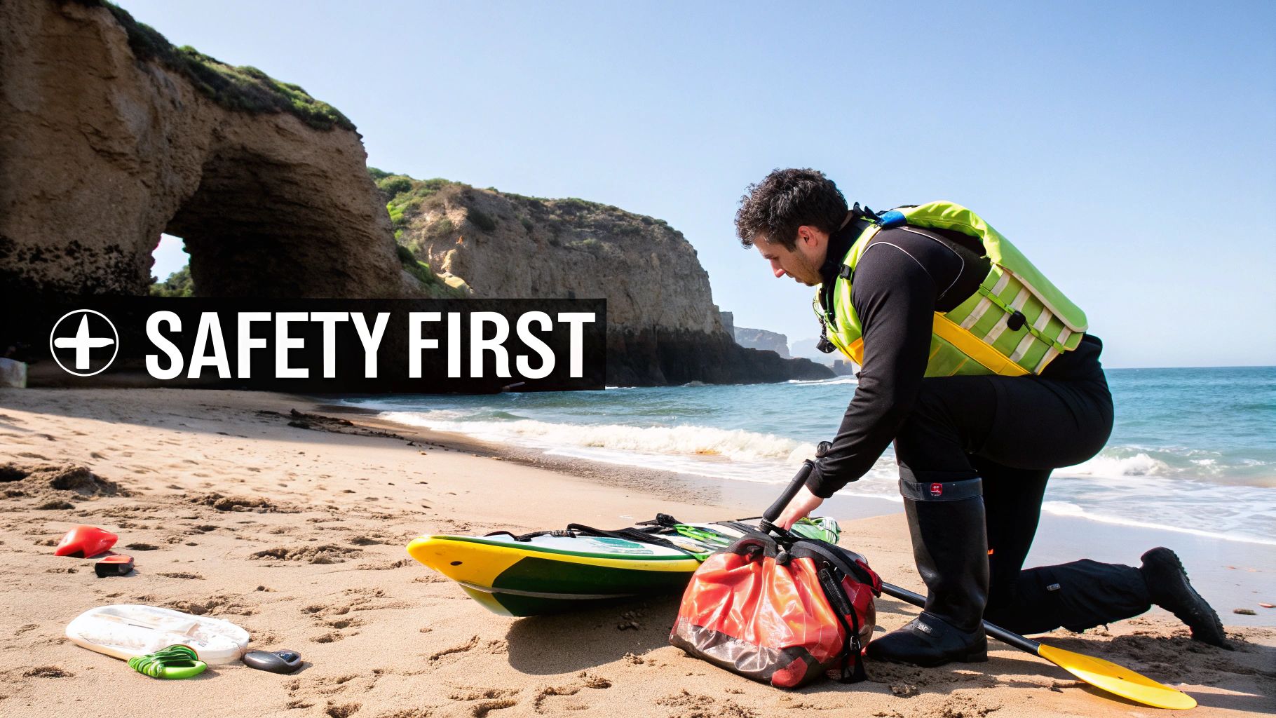 Person in kayaking gear on a beach, preparing kayak, with ocean and cliffs in the background.