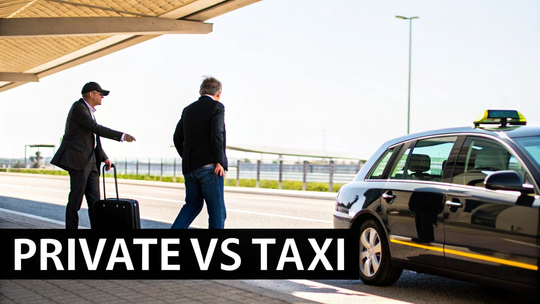 Two men with luggage, one pointing, standing by a taxi at an airport terminal, contrasting private vs taxi services.