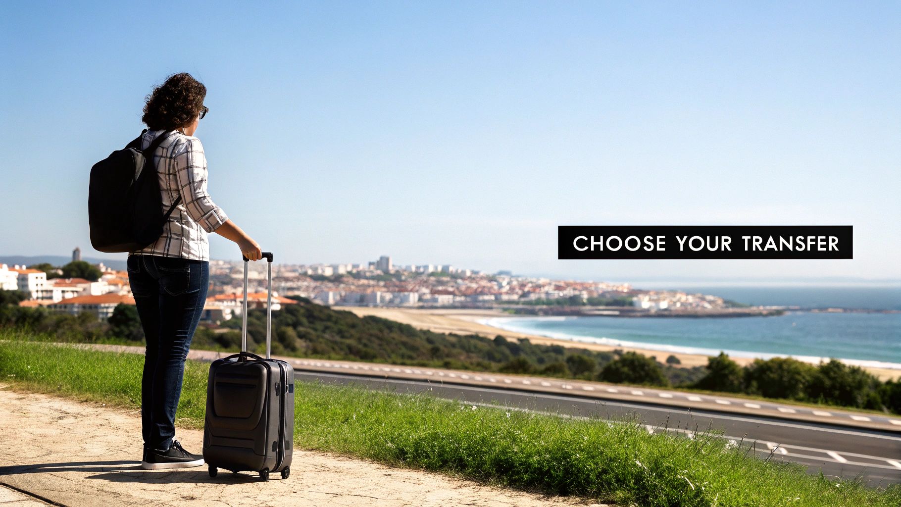 Woman traveler with luggage overlooking coastal city beach destination choosing transportation transfer