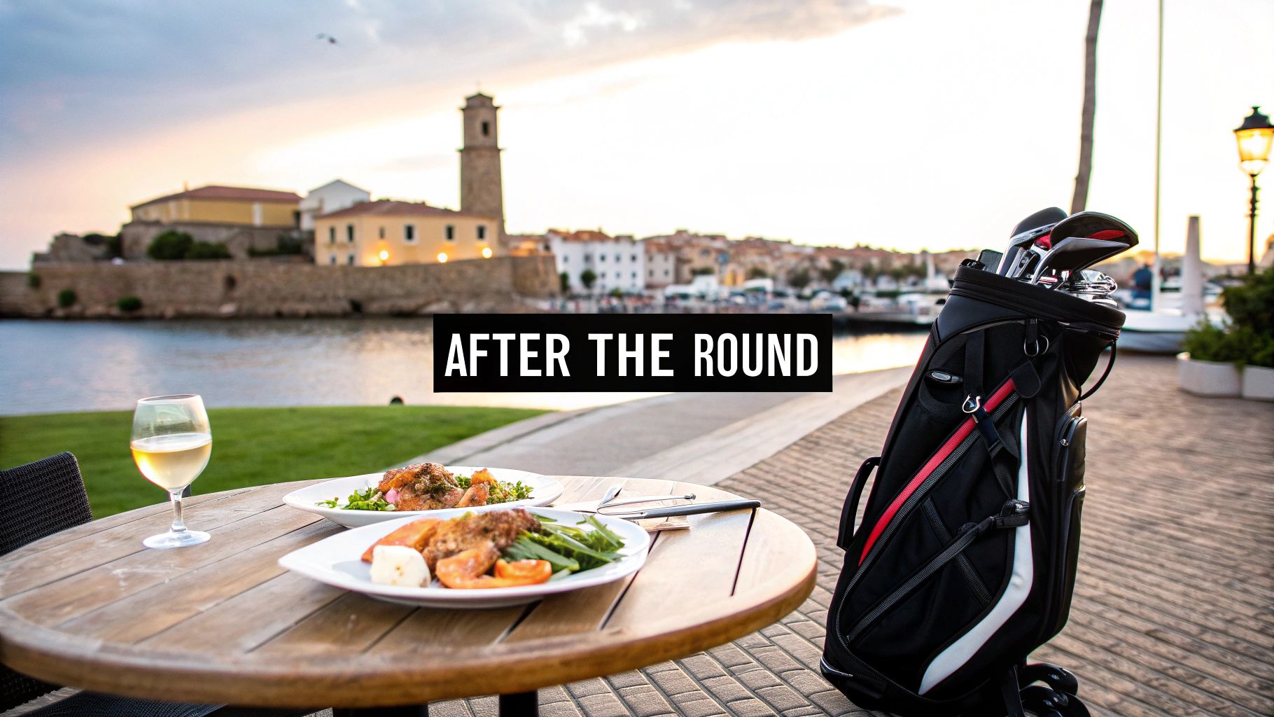 A golf bag and delicious dinner with wine next to a scenic waterfront after a golf round.