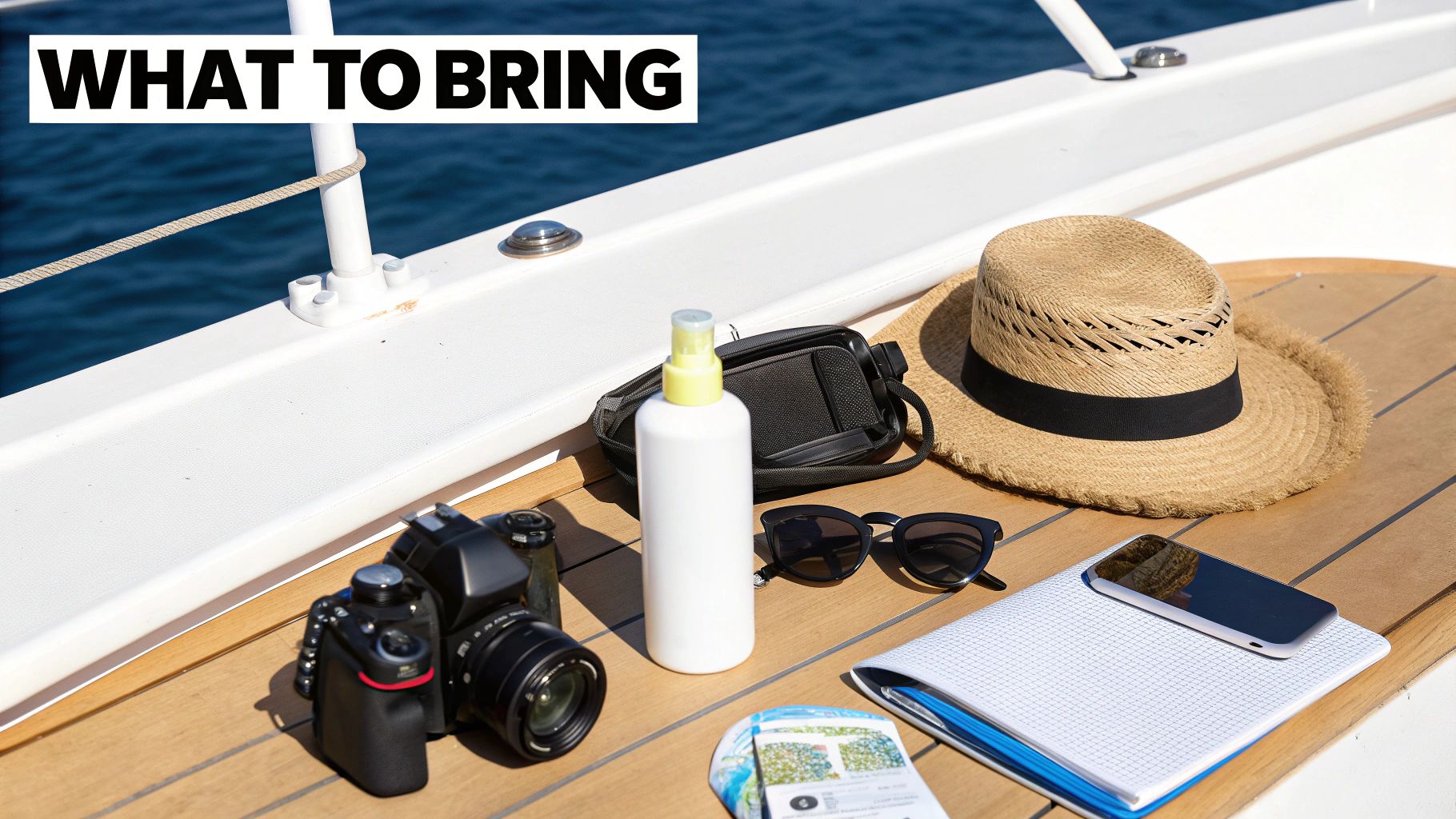 Essentials for a boat trip: camera, hat, sunscreen, sunglasses, phone, and notebook on a wooden deck.