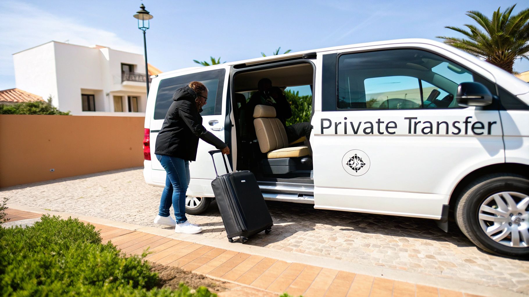 A woman loads a black suitcase into a white "Private Transfer" van on a sunny day.