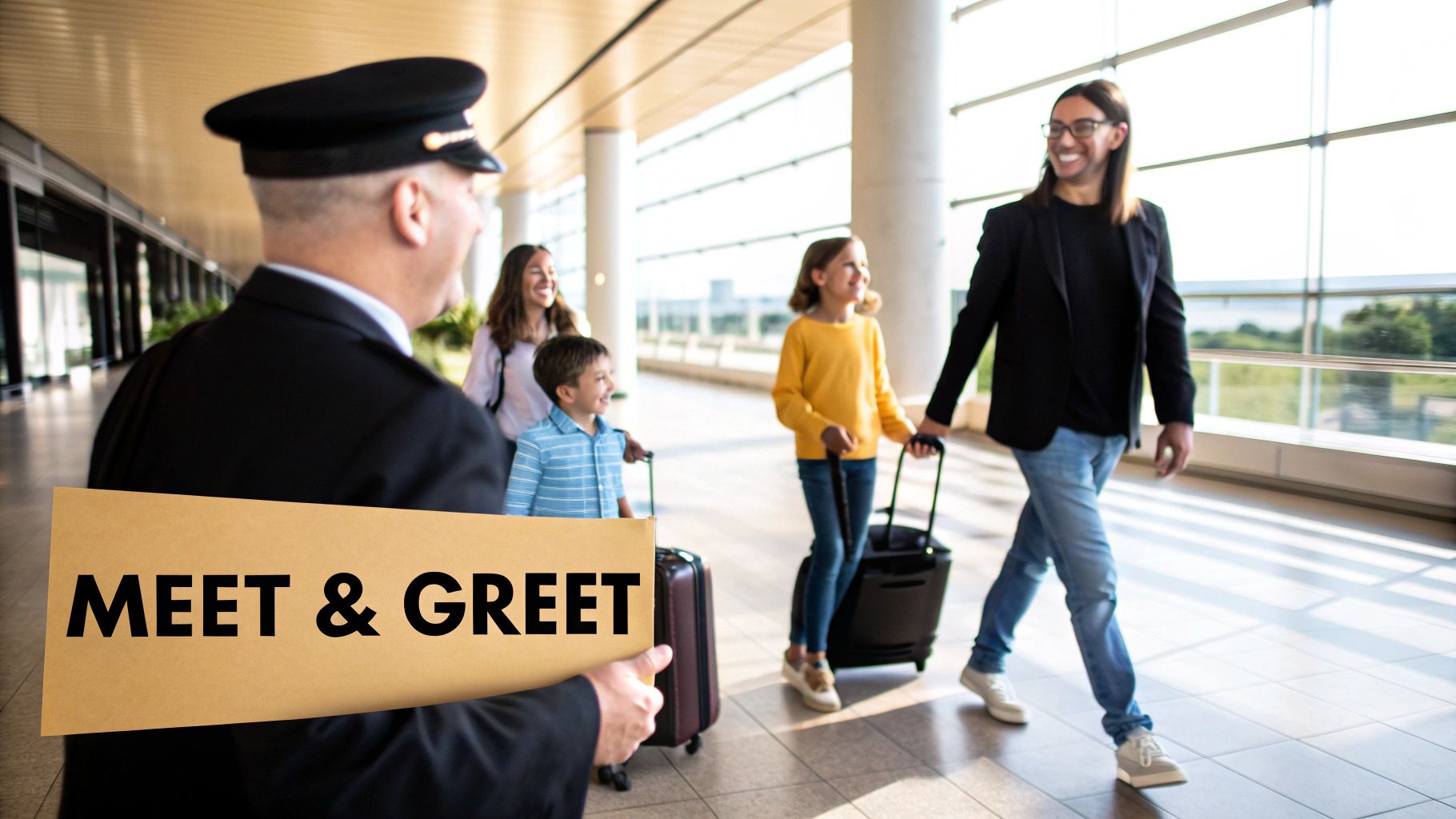 A chauffeur holding a "MEET & GREET" sign welcomes a family with luggage at an airport.