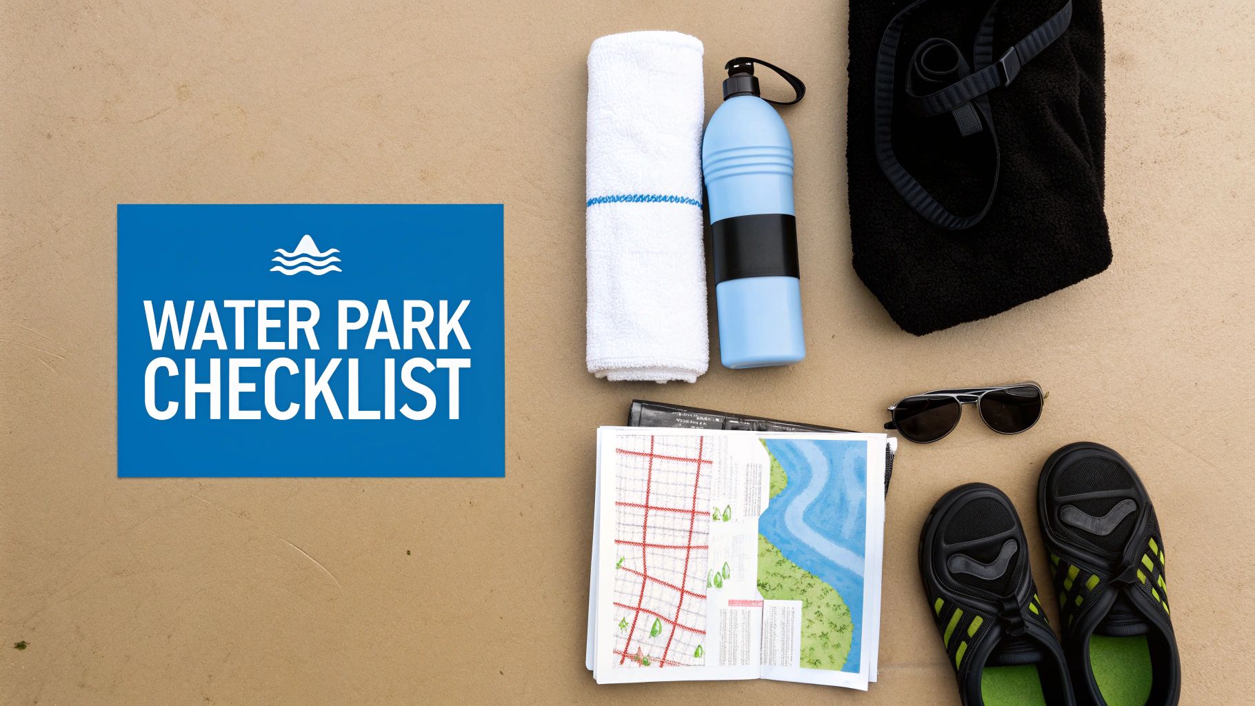 A flat lay of water park essentials: checklist sign, towels, water bottle, sunglasses, map, and water shoes.