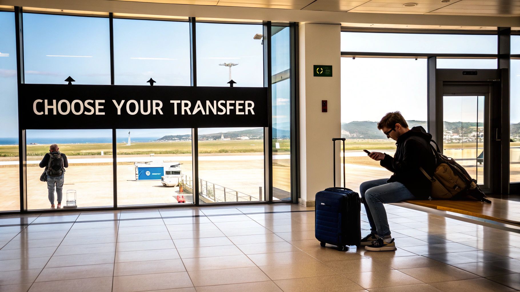 Travelers at an airport terminal with a 'Choose Your Transfer' sign and runway view.
