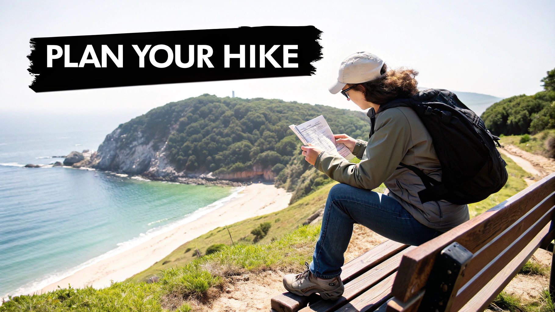 A hiker sits on a bench overlooking a beautiful beach and sea, planning their route with a map.