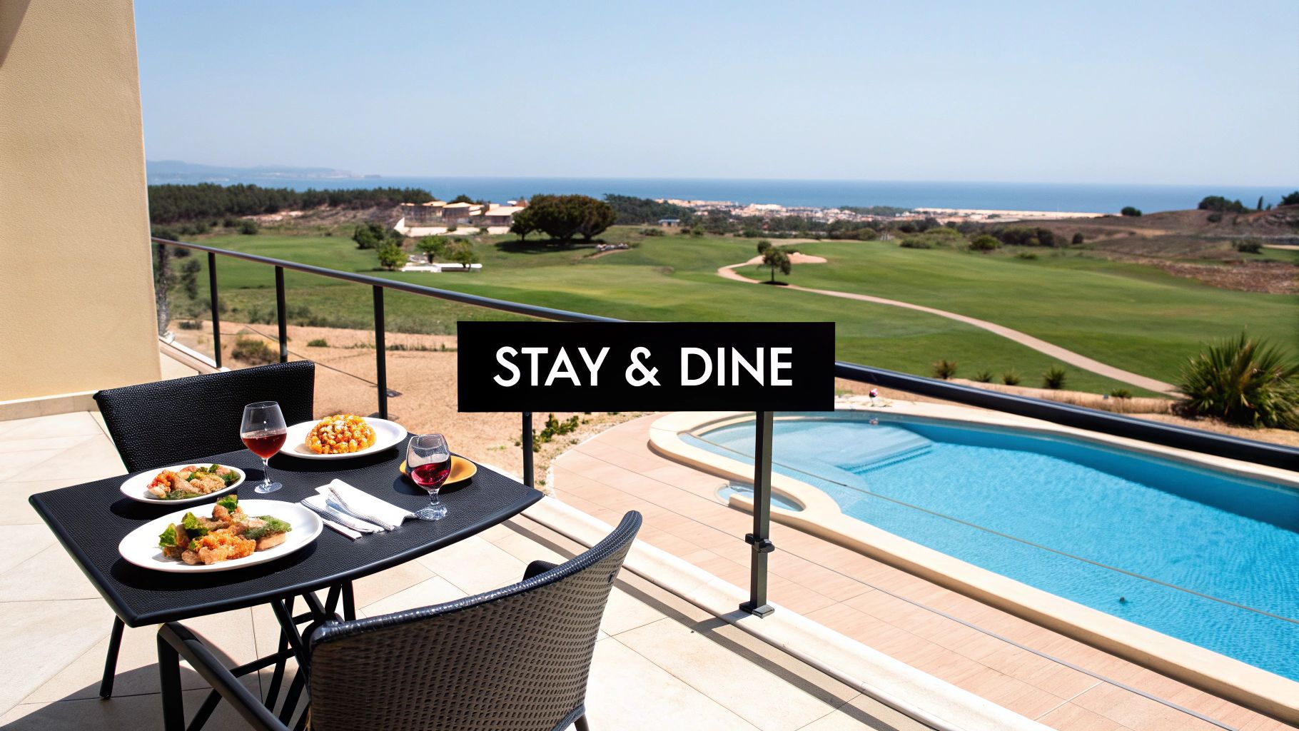 Beautiful view of a hotel pool and resort area near the Pinta Golf Course