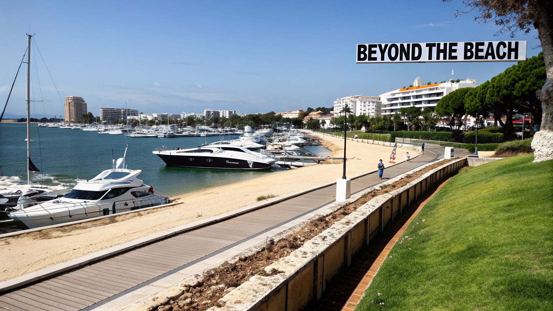 View of a bustling marina with numerous luxury yachts, a sandy beach, and a scenic promenade.