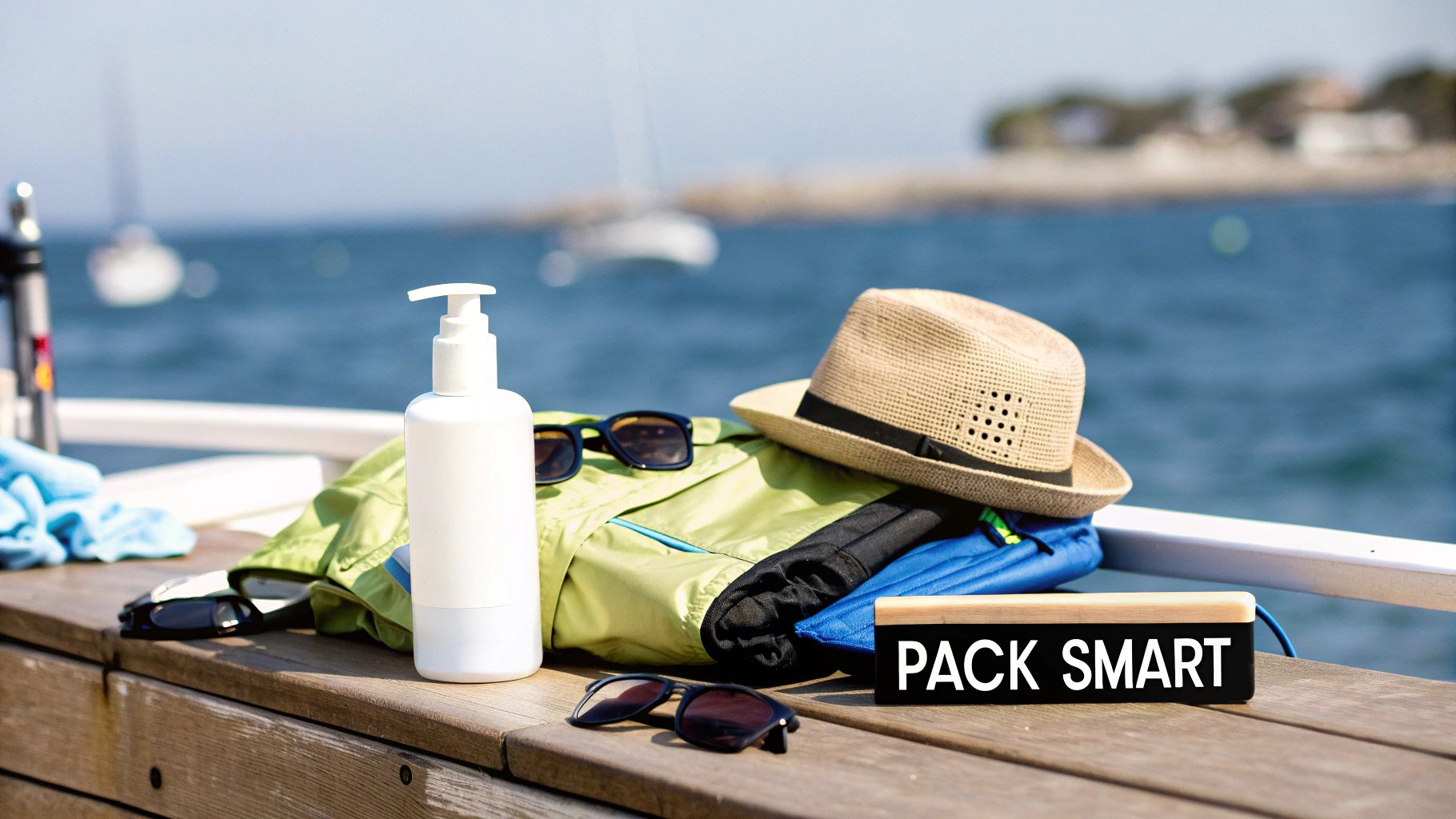 Travel essentials including sunscreen, sunglasses, hat, and jacket laid on a boat deck with a 'PACK SMART' sign.