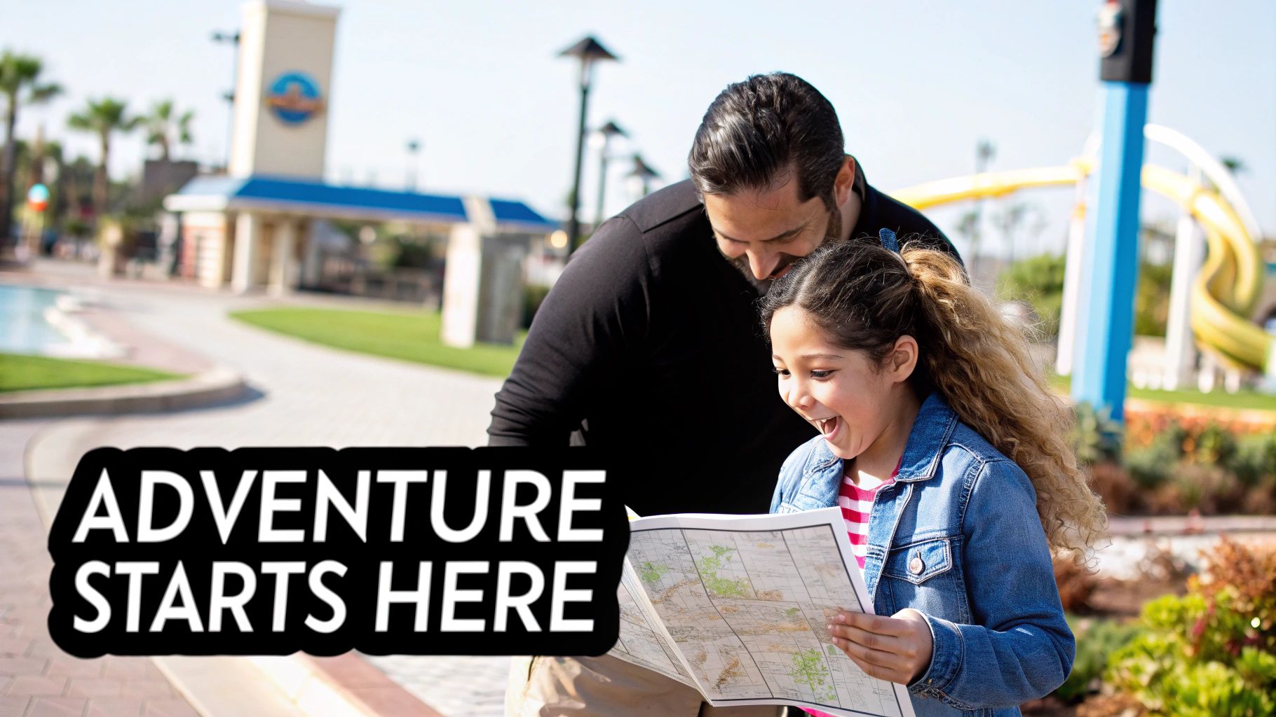 A happy father and daughter plan their adventure at a water park, looking at a map.