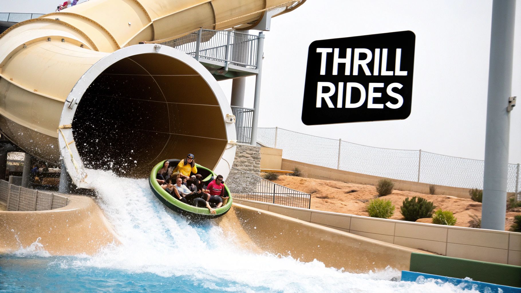 Excited people on a raft splash out of a giant water slide at a thrill rides waterpark.
