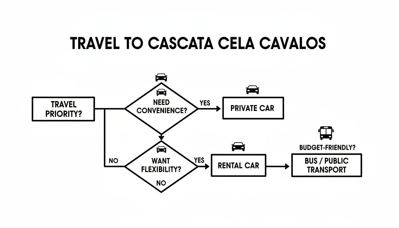A flowchart detailing transportation options for traveling to Cascata Cela Cavalos, considering convenience, flexibility, and budget.