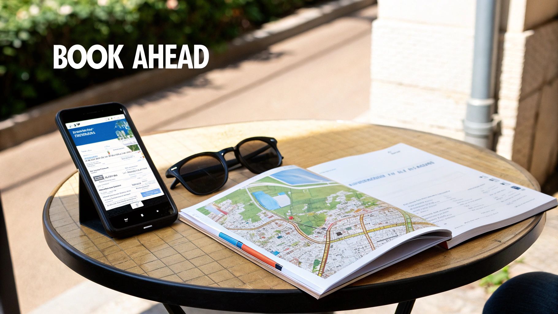 A smartphone displaying a travel booking site, sunglasses, and an open map on a wooden table outdoors, encouraging early booking.
