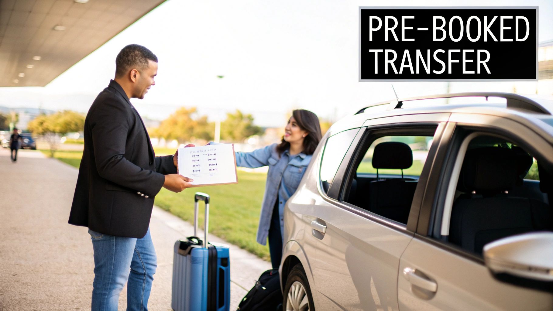 A man greets a woman next to a car with luggage, holding a sign for a pre-booked transfer.