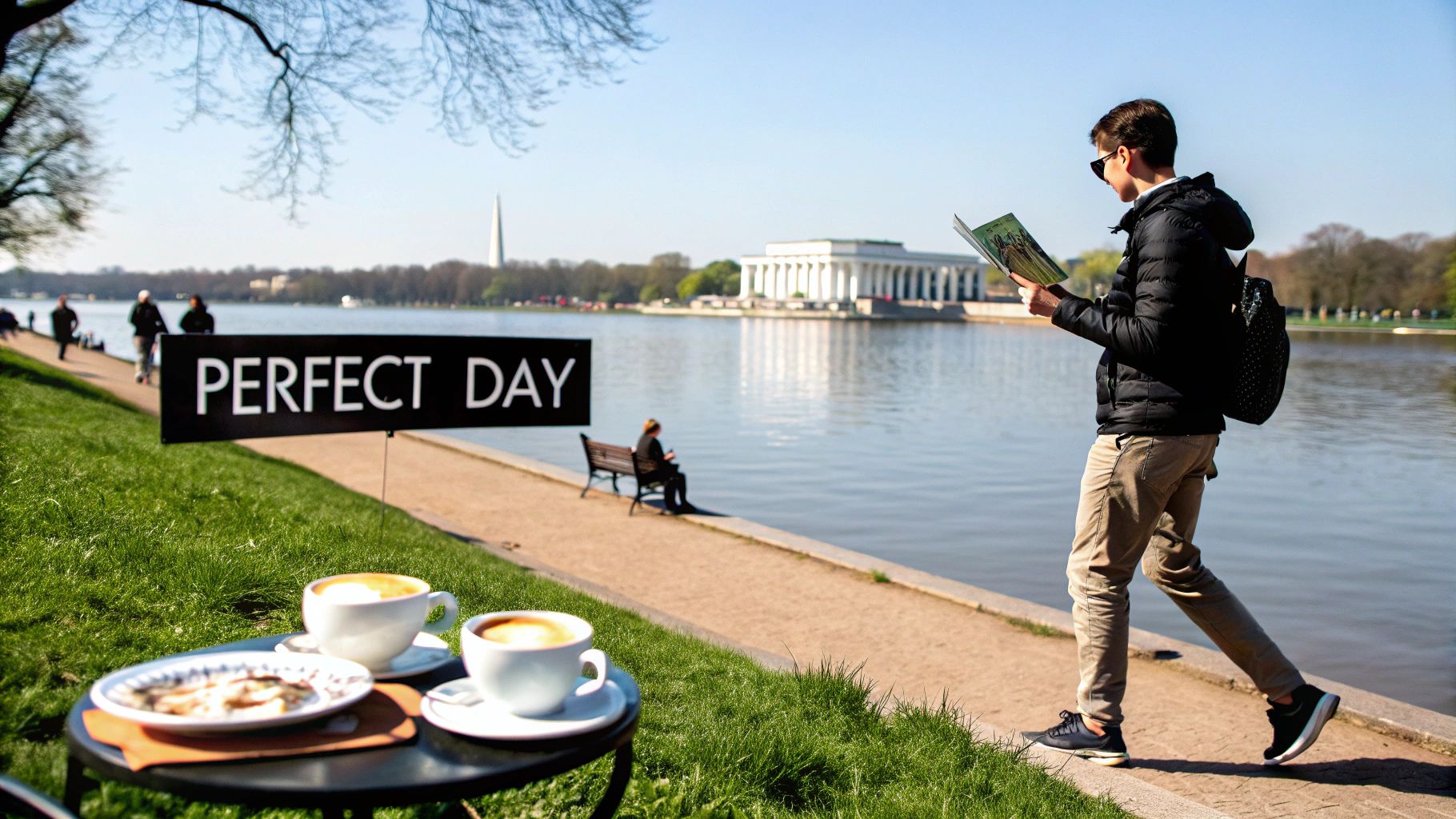 A perfect day with coffee by a river, Lincoln Memorial, and Washington Monument in the background.
