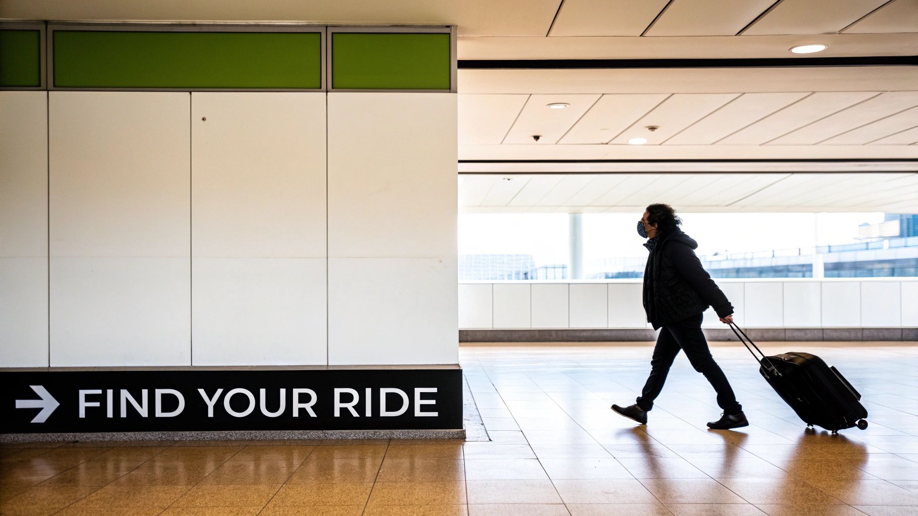 A person in a mask pulls a black suitcase past a 'FIND YOUR RIDE' sign at an airport.