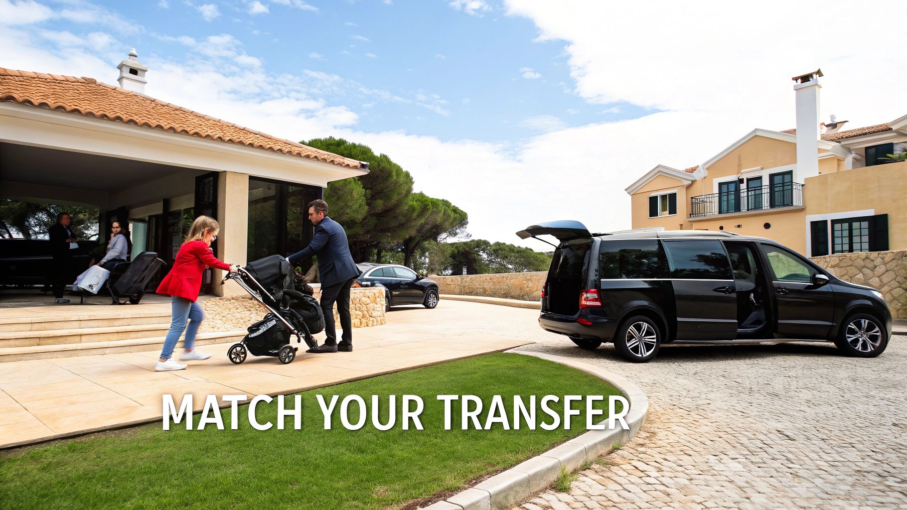 Family with child and stroller loading luggage into a private transfer van outside a luxury hotel.