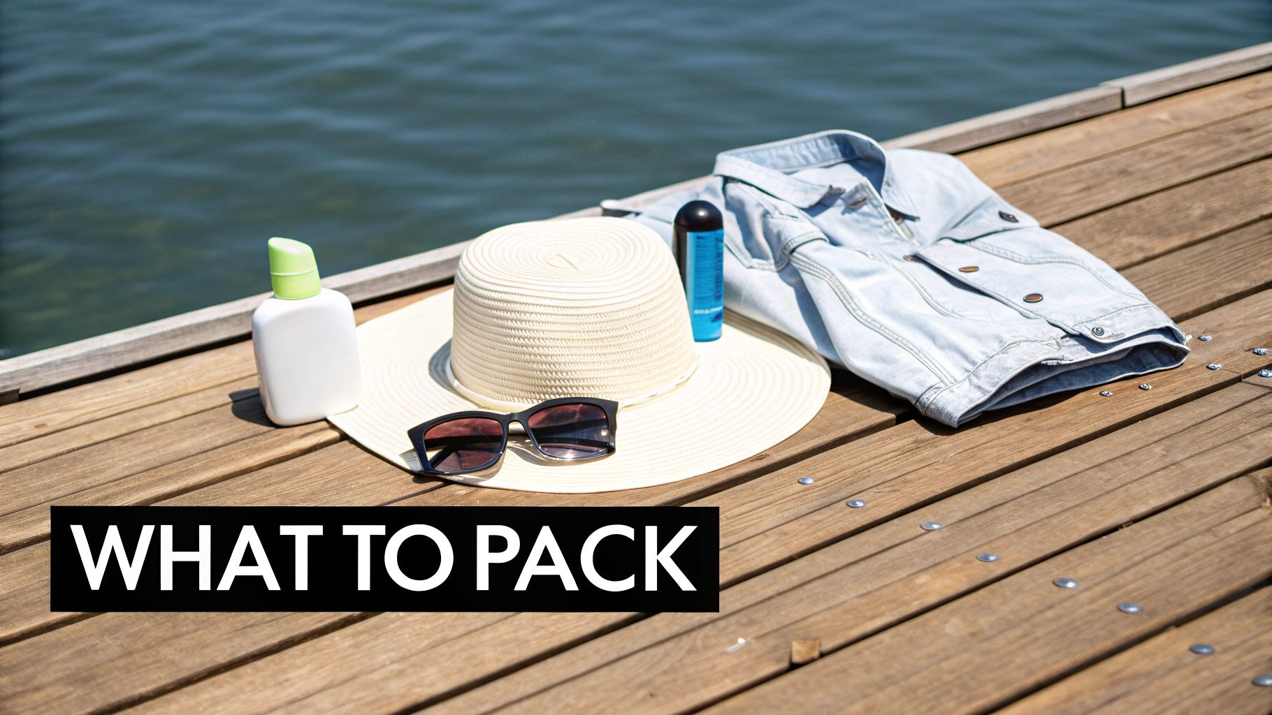 Summer essentials: straw hat, sunglasses, sunscreen, and denim shirt on a wooden dock by water.