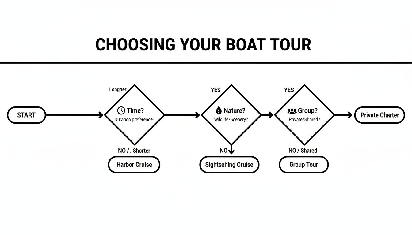 A flowchart illustrating the decision-making process for choosing a boat tour based on duration, nature preference, and group size.