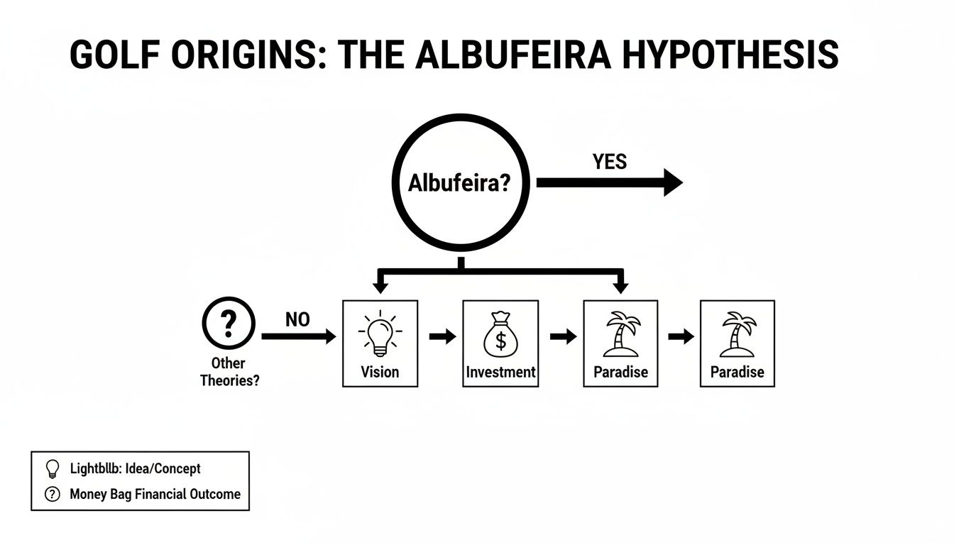 A flowchart illustrates the Golf Origins: The Albufeira Hypothesis, detailing outcomes for yes or no.