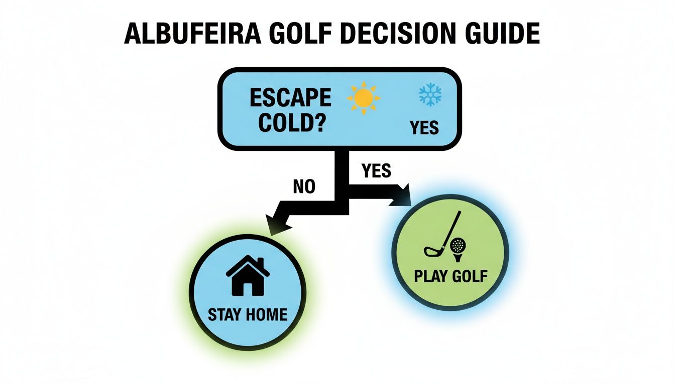 Albufeira Golf Decision Guide flowchart showing to play golf if escaping cold, otherwise stay home.