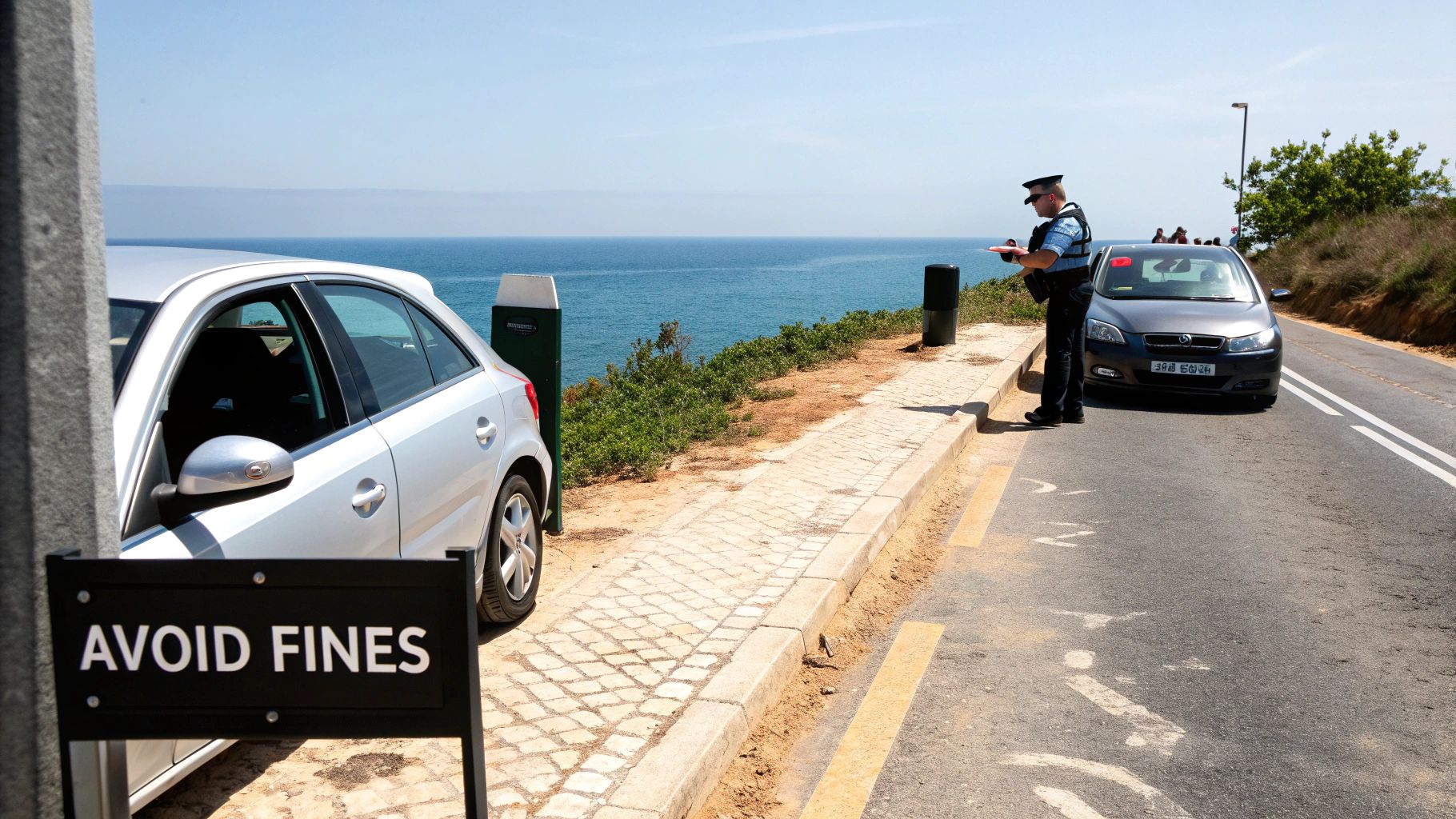 A police officer writing a ticket next to a dark car by the ocean, with an 'AVOID FINES' sign.